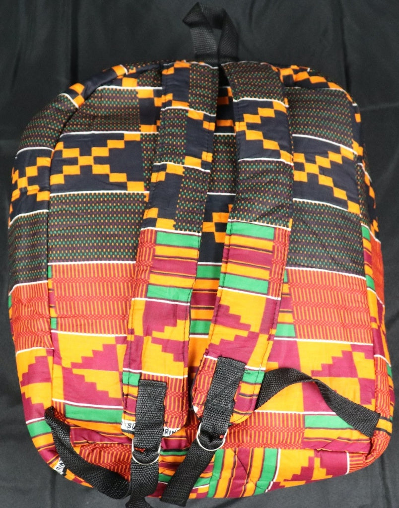 Handcrafted Kente fabric backpack. Made in Ghana.