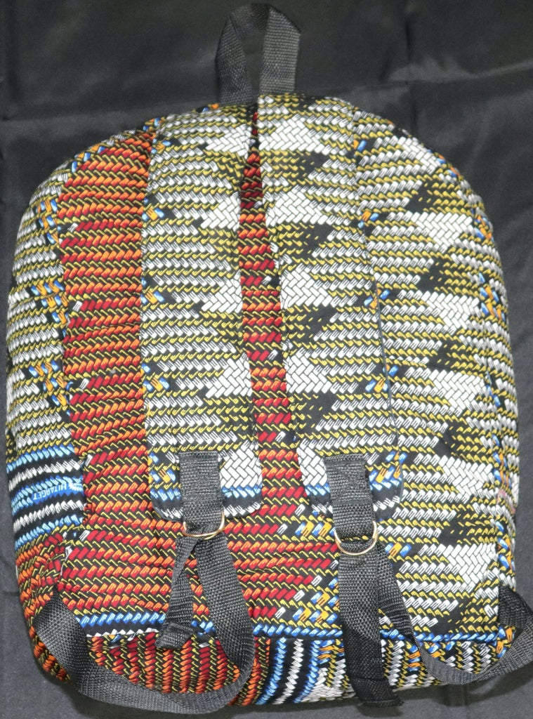 Handcrafted Ankara fabric backpack. Made in Ghana.