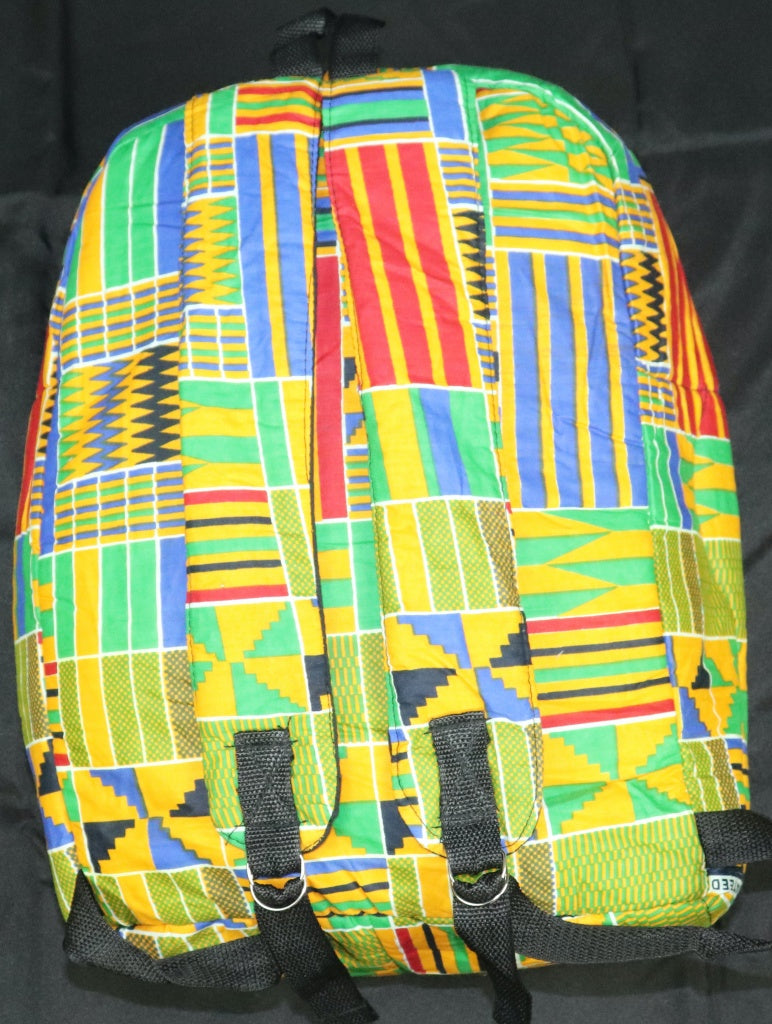 Handcrafted Kente fabric backpack. Made in Ghana.