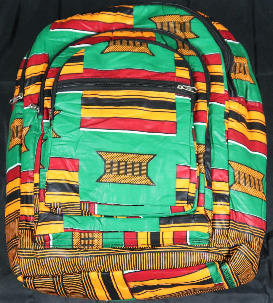 Handcrafted Kente fabric backpack. Made in Ghana.