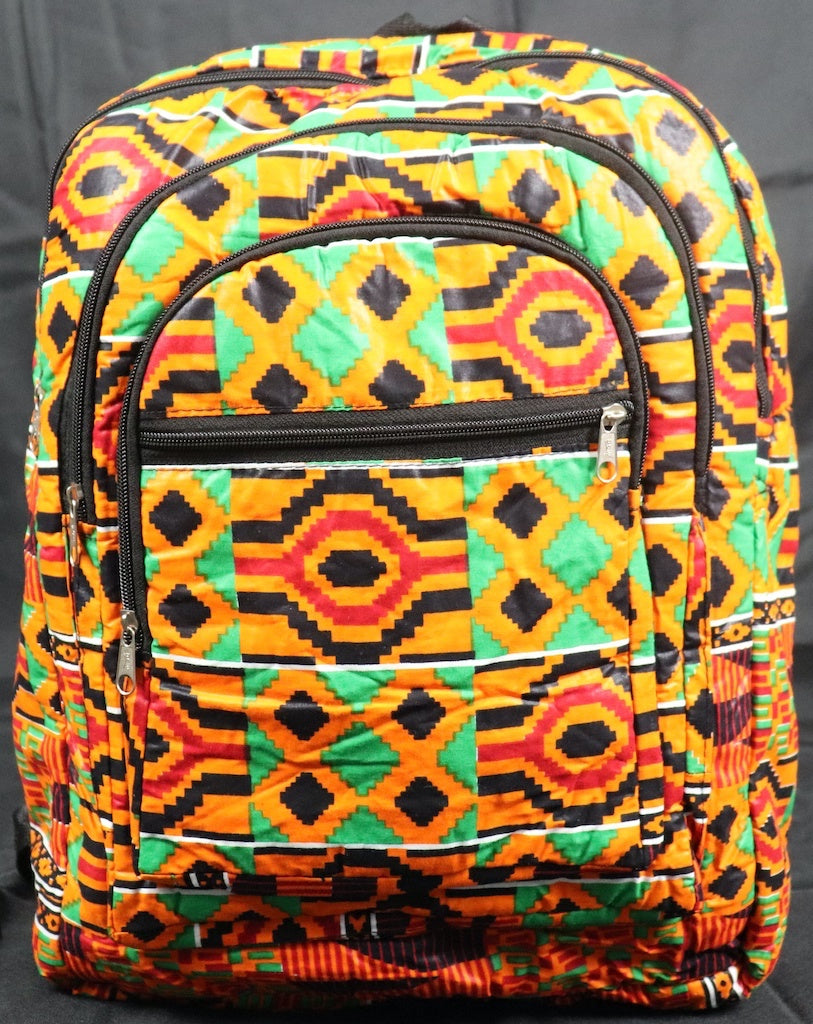 Handcrafted Kente fabric backpack. Made in Ghana.