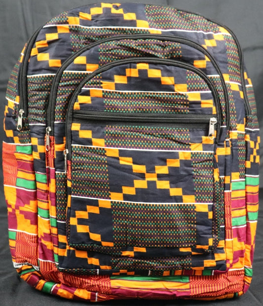 Handcrafted Kente fabric backpack. Made in Ghana.