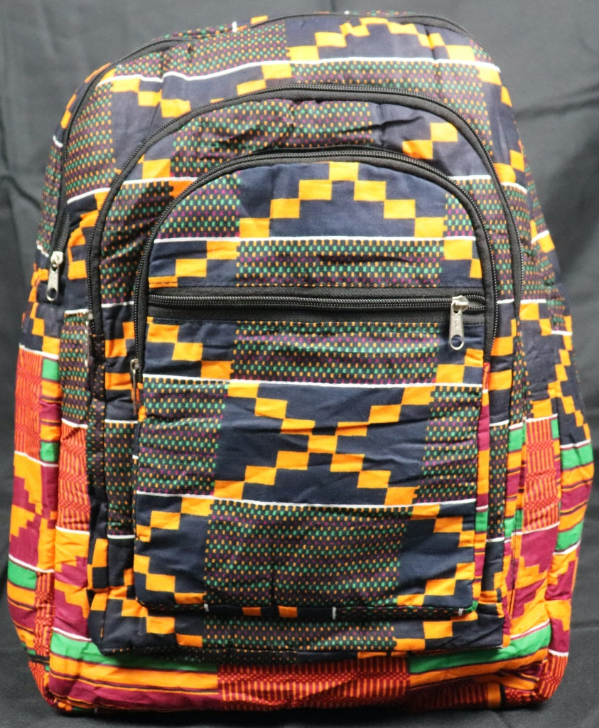 Handcrafted Kente fabric backpack. Made in Ghana.