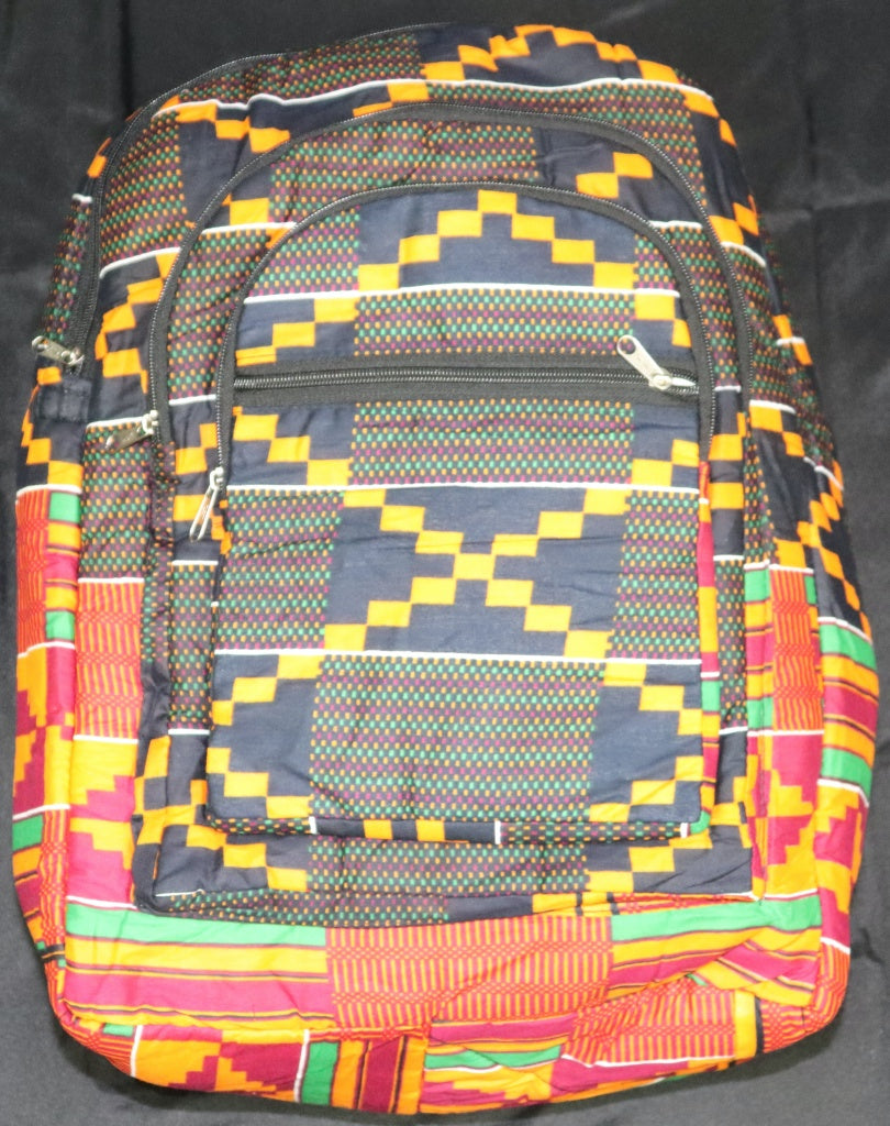 Handcrafted Kente fabric backpack. Made in Ghana.