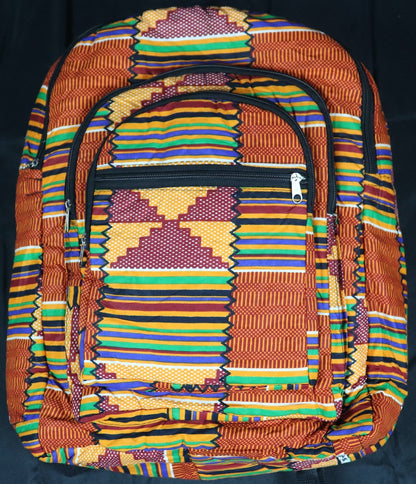 Handcrafted Kente fabric backpack. Made in Ghana.