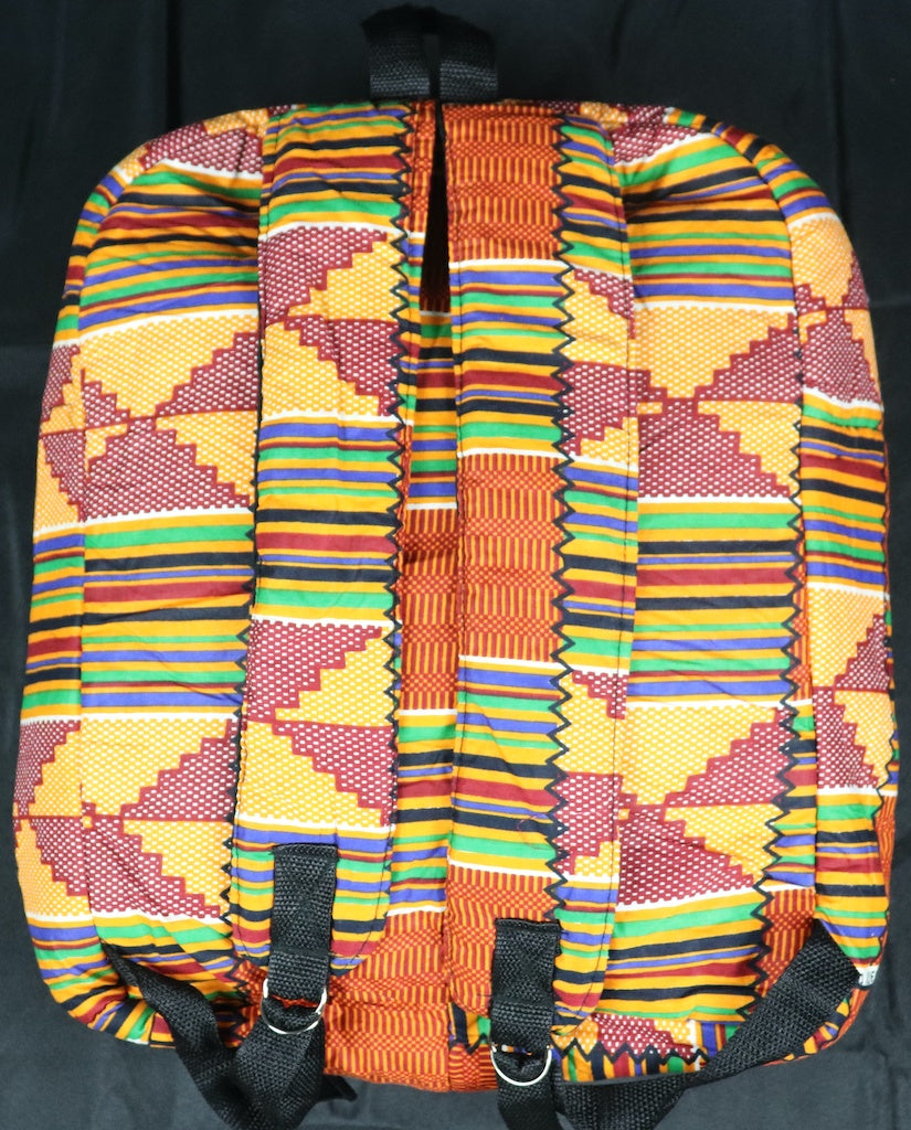 Handcrafted Kente fabric backpack. Made in Ghana.