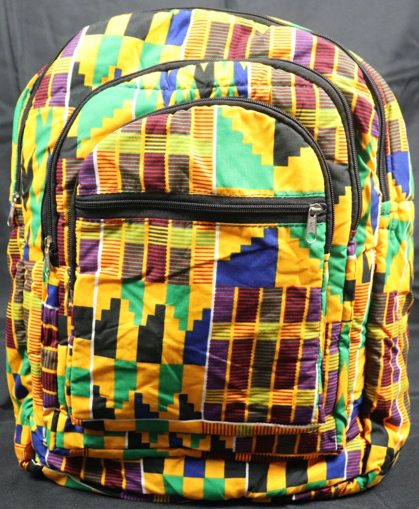 Handcrafted Kente fabric backpack. Made in Ghana.