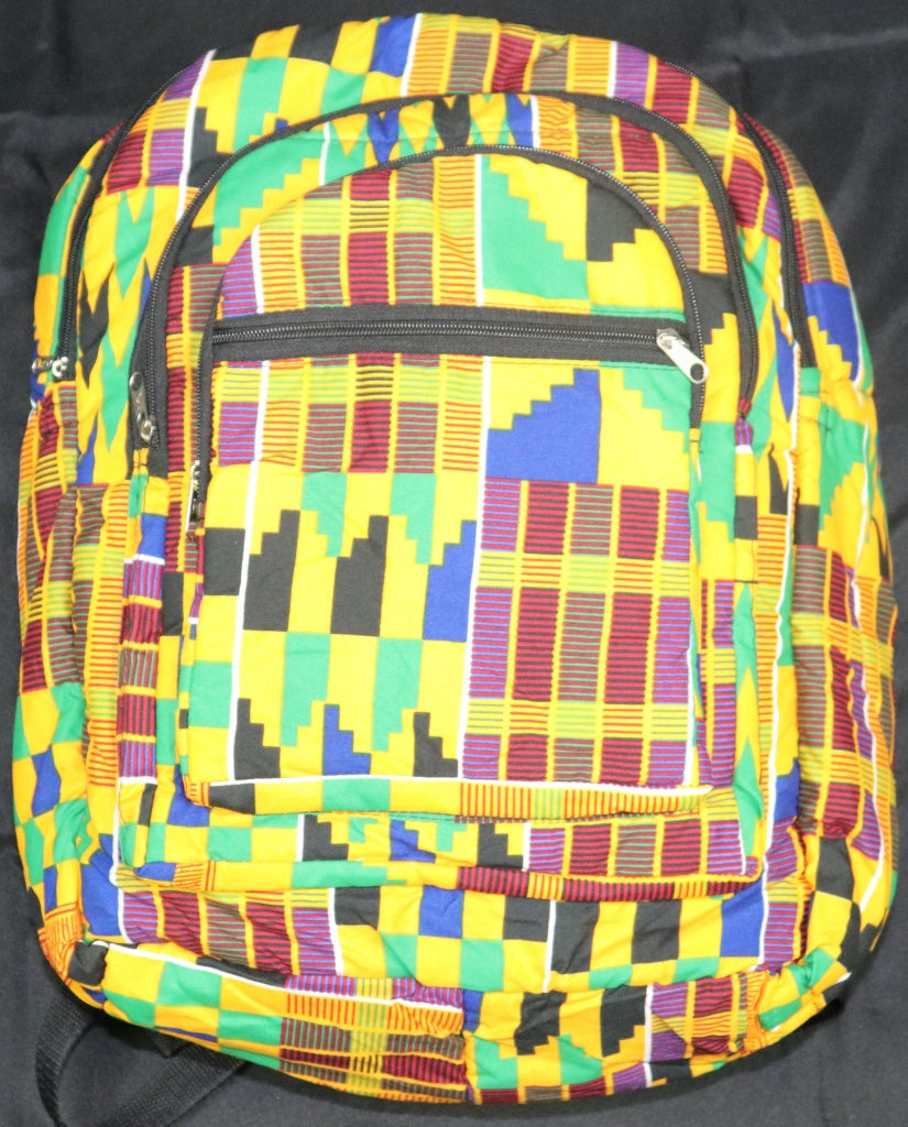 Handcrafted Kente fabric backpack. Made in Ghana.