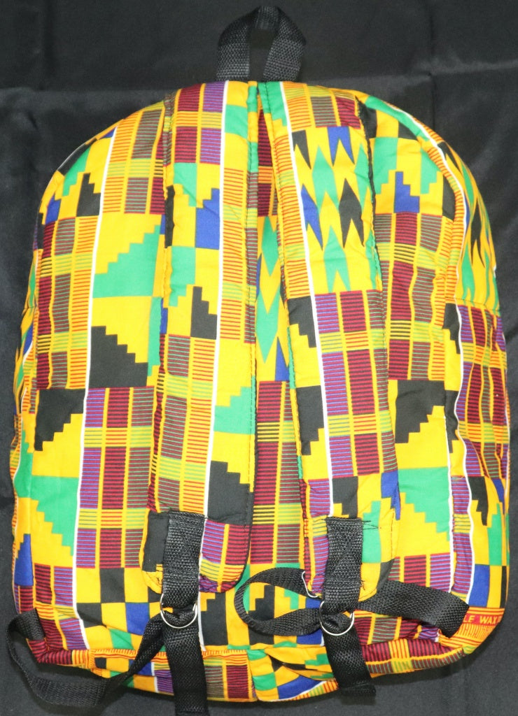 Handcrafted Kente fabric backpack. Made in Ghana.