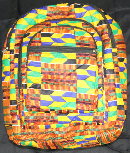Handcrafted Kente fabric backpack. Made in Ghana.
