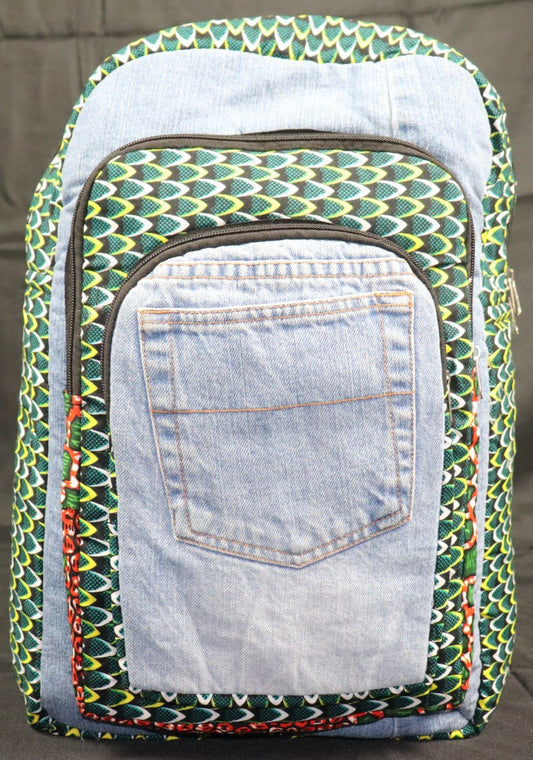 Handcrafted denim & Ankara fabric backpack. Made in Ghana.