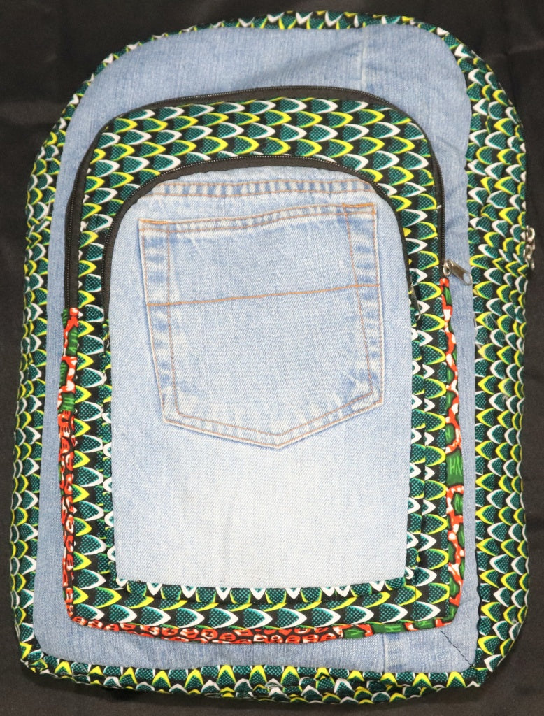 Handcrafted denim & Ankara fabric backpack. Made in Ghana.