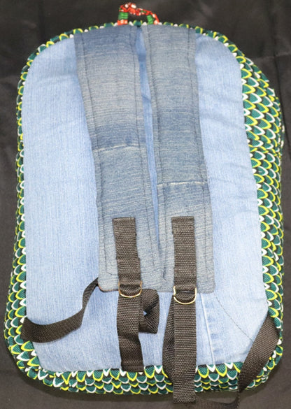 Handcrafted denim & Ankara fabric backpack. Made in Ghana.