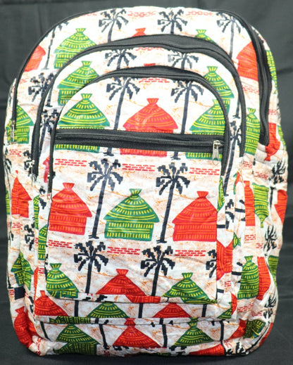 Handcrafted fabric backpack featuring cultural symbols. Made in Ghana.