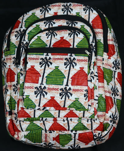 Handcrafted fabric backpack featuring cultural symbols. Made in Ghana.