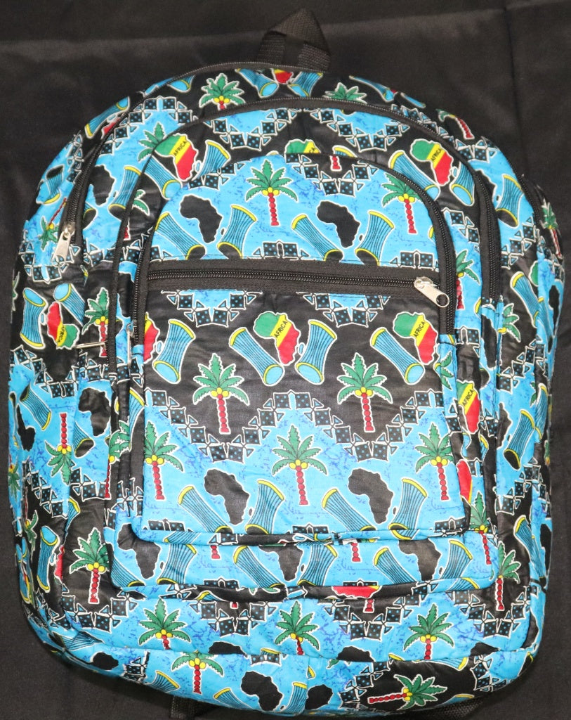 Handcrafted Ankara fabric backpack. Made in Ghana.