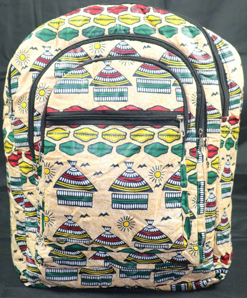 Handcrafted fabric backpack featuring cultural symbols. Made in Ghana.