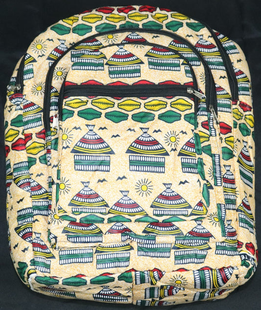 Handcrafted fabric backpack featuring cultural symbols. Made in Ghana.