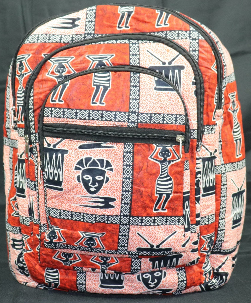 Handcrafted fabric backpack featuring cultural symbols. Made in Ghana.