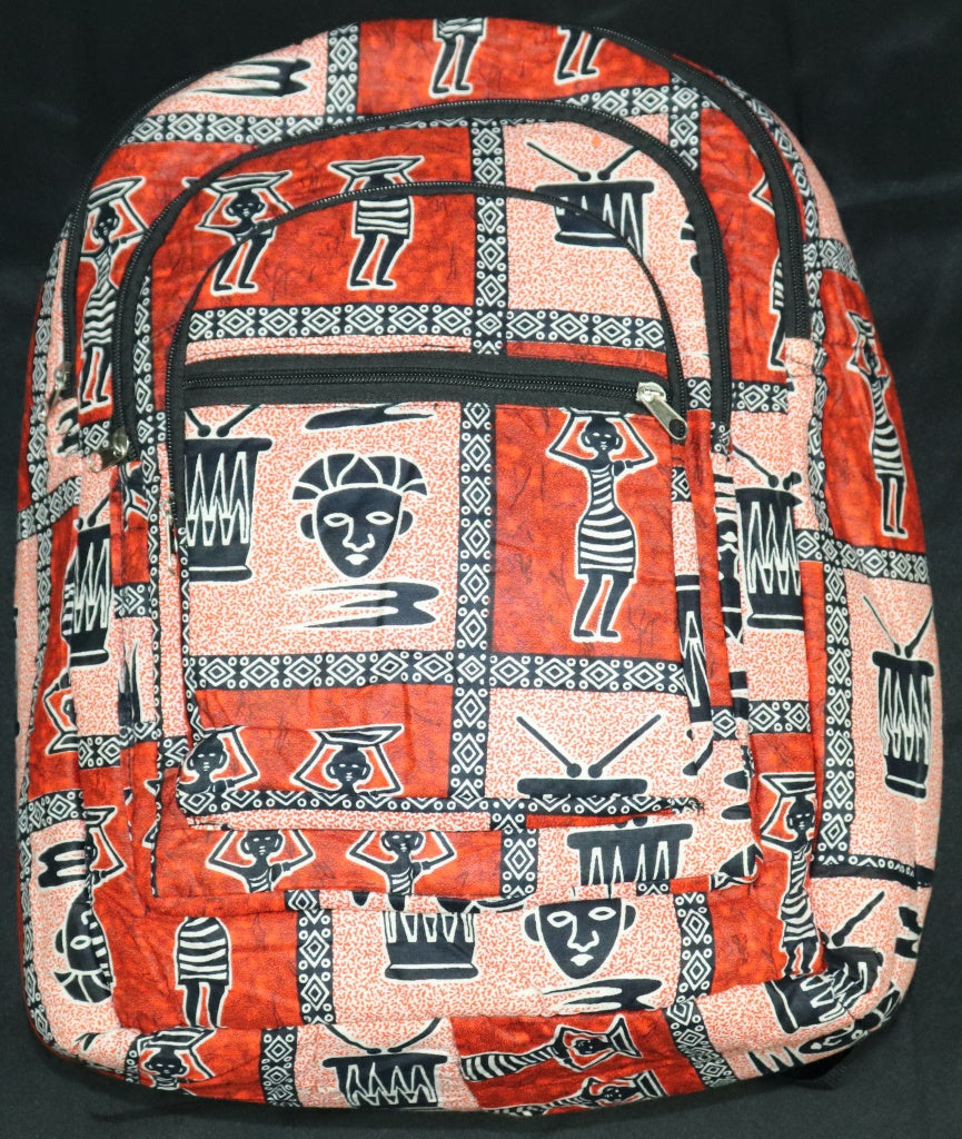 Handcrafted fabric backpack featuring cultural symbols. Made in Ghana.