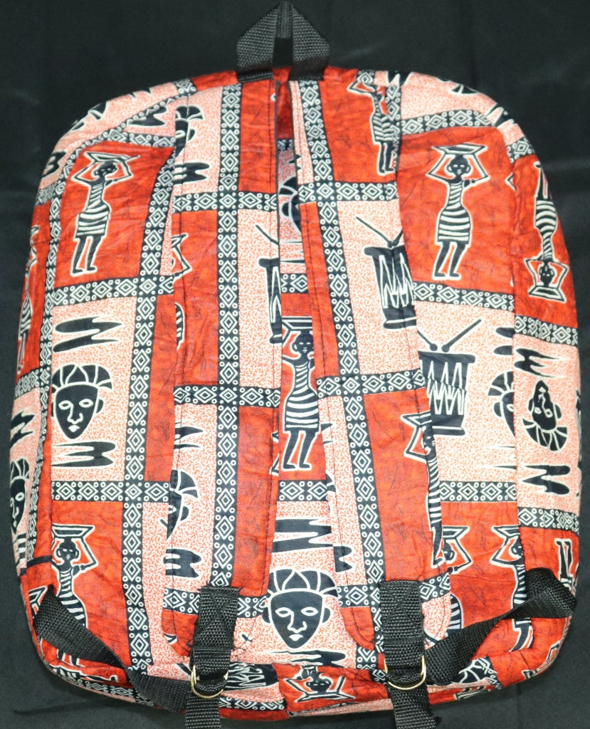 Handcrafted fabric backpack featuring cultural symbols. Made in Ghana.