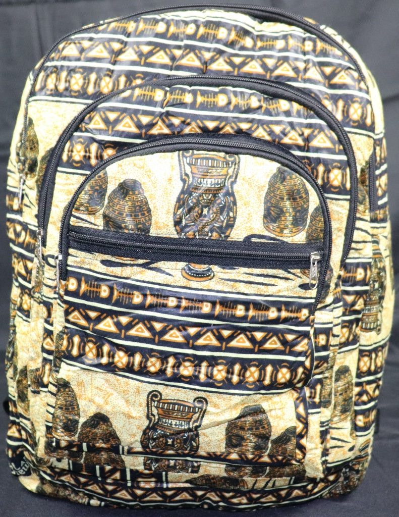 Handcrafted fabric backpack featuring cultural symbols. Made in Ghana.