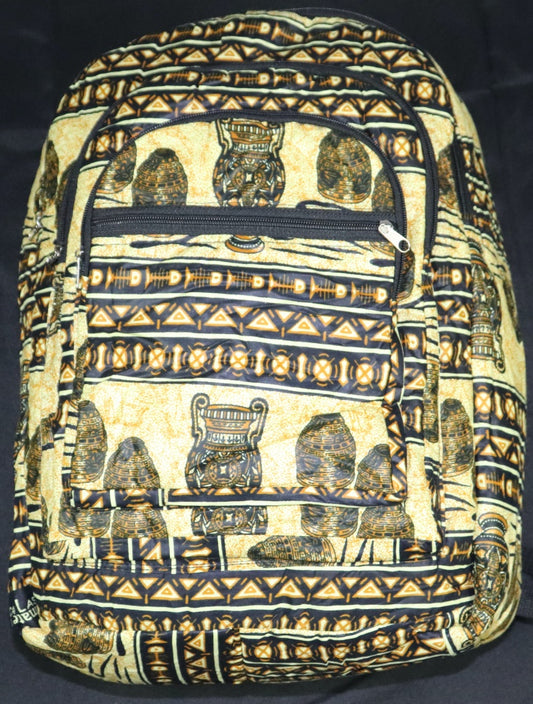 Handcrafted fabric backpack featuring cultural symbols. Made in Ghana.