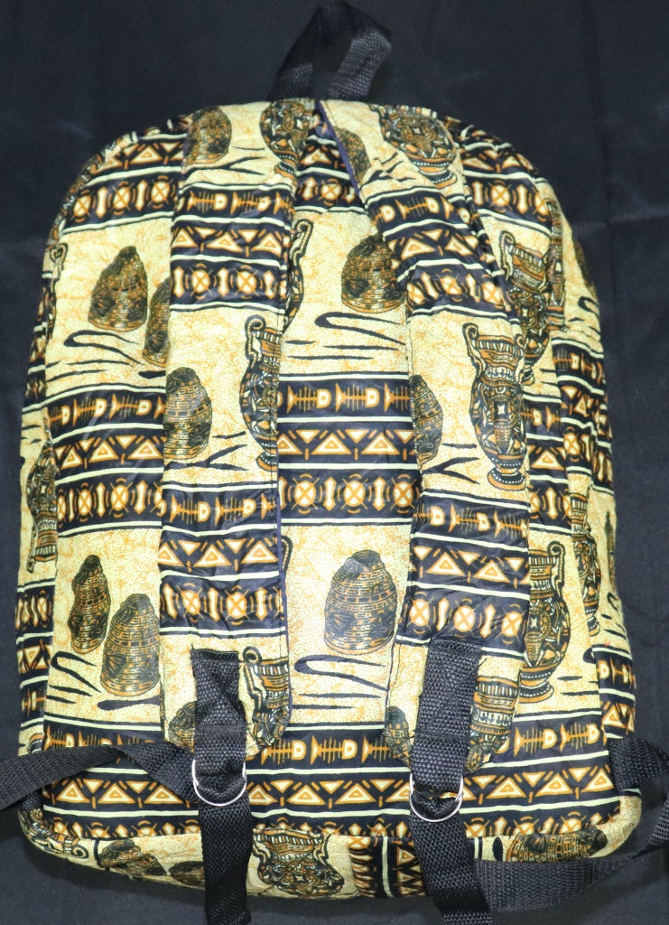 Handcrafted fabric backpack featuring cultural symbols. Made in Ghana.